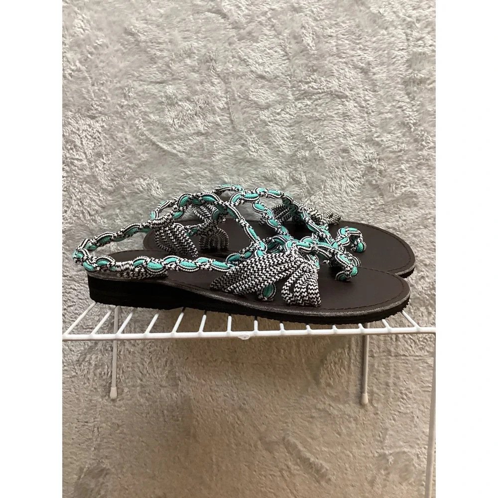 Womens Flat Sandals‎ Bohemian Braided Turquoise White Black Thong Toe